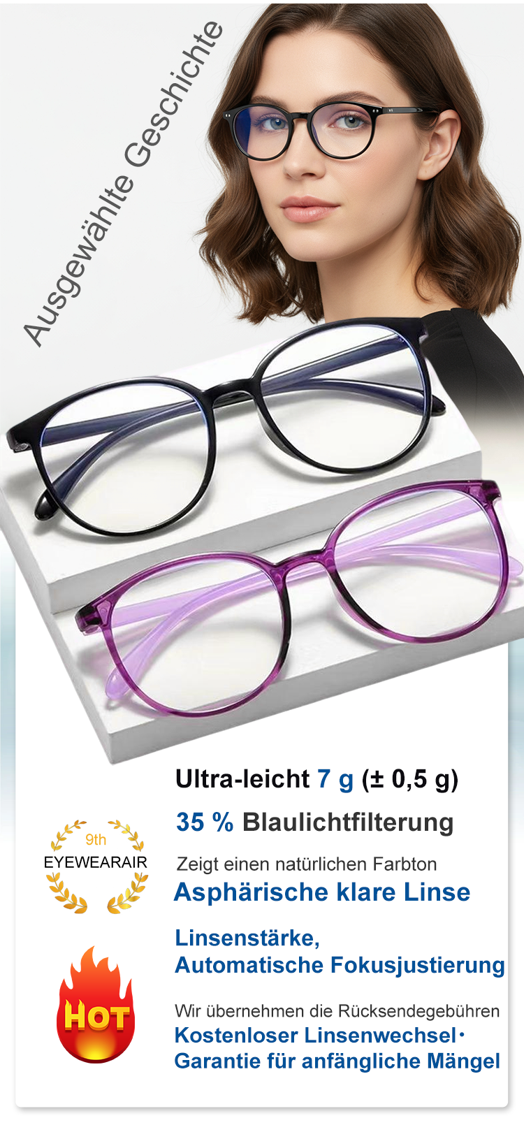 Ultraleichte integrierte Lesebrille mit Blaulichtschutz – Frontansicht