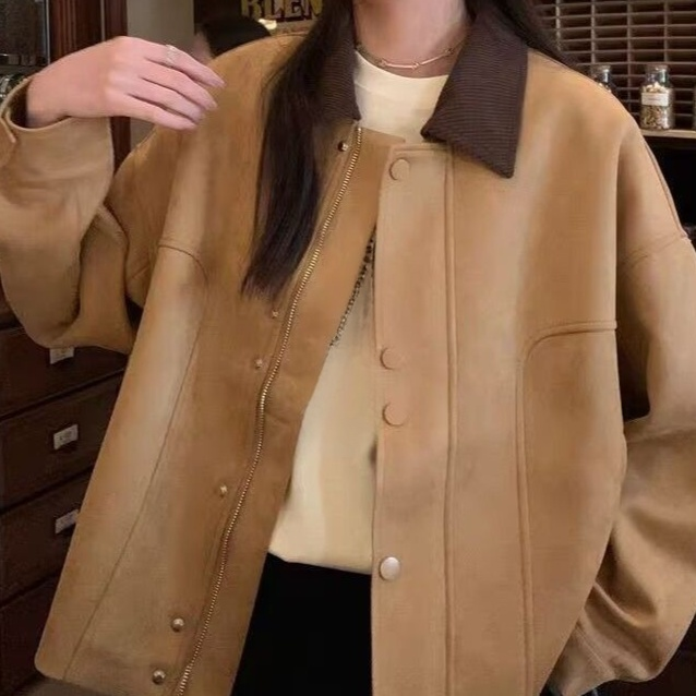 Women's Autumn Candy Color Suede Short Vintage Button Collar Jacket