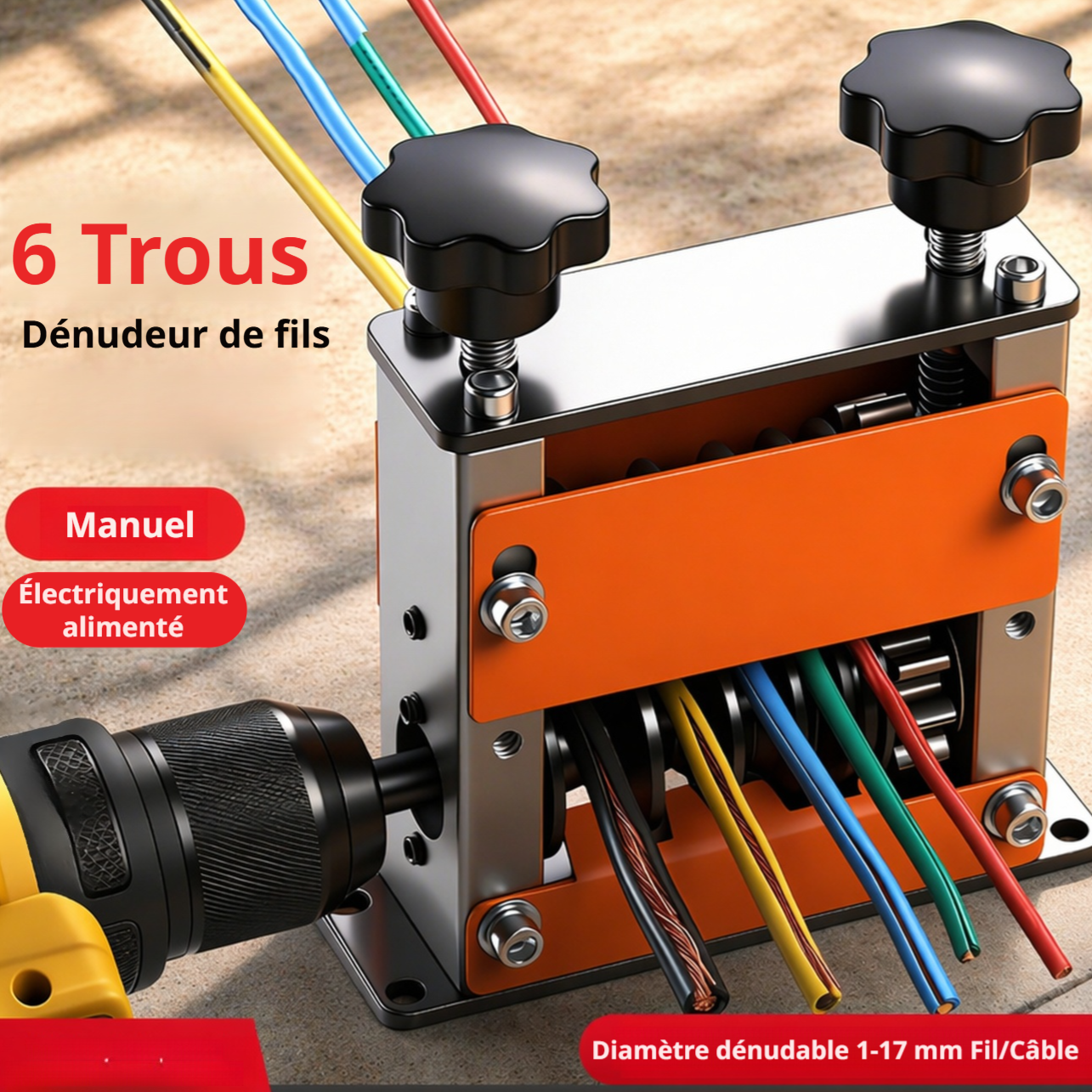 Outil dénudeur de fils compatible perceuse en utilisation