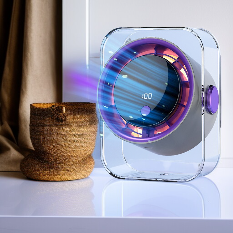 Close-up of windproof electric fan blades and protective grill