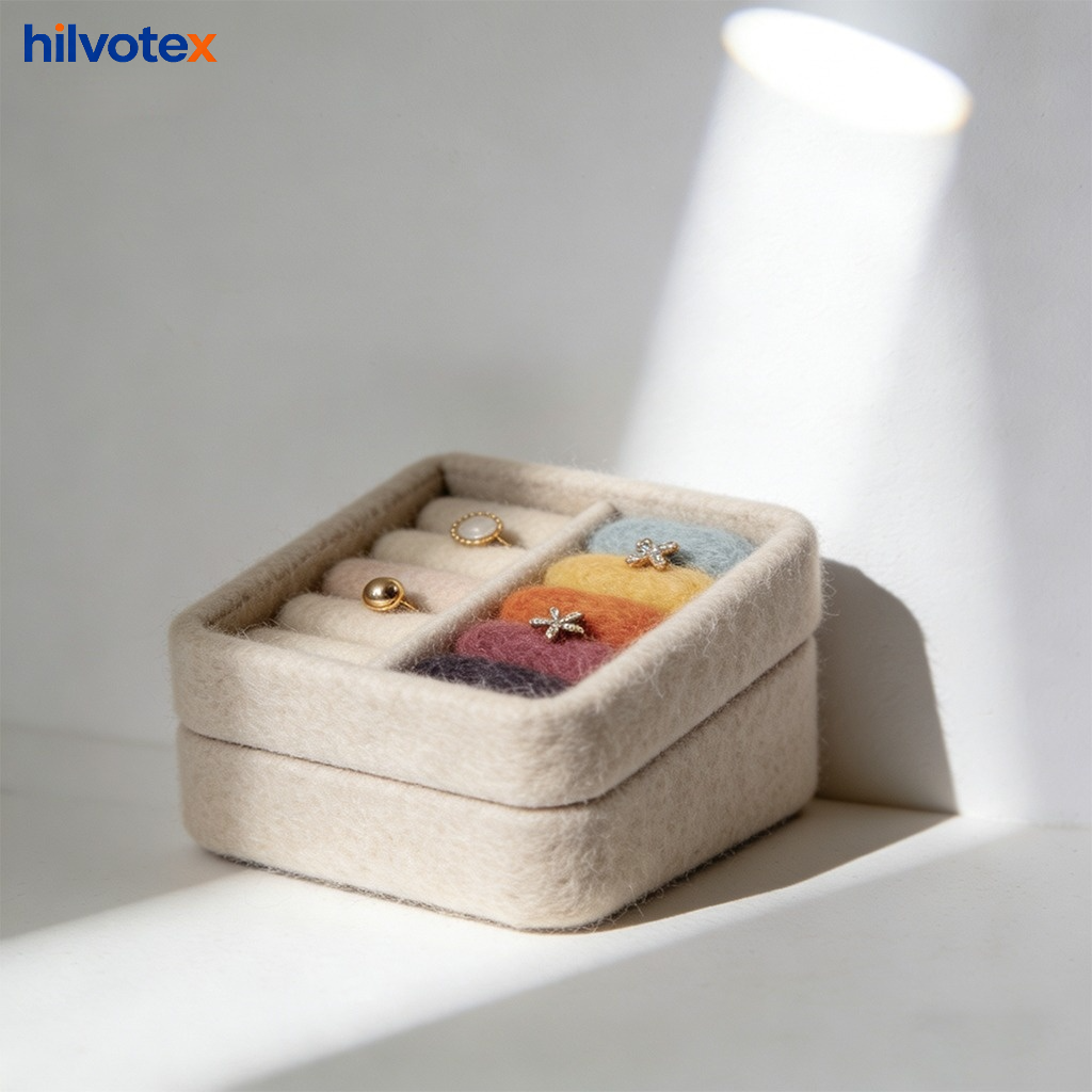 Wool felt earring storage box with earrings inside