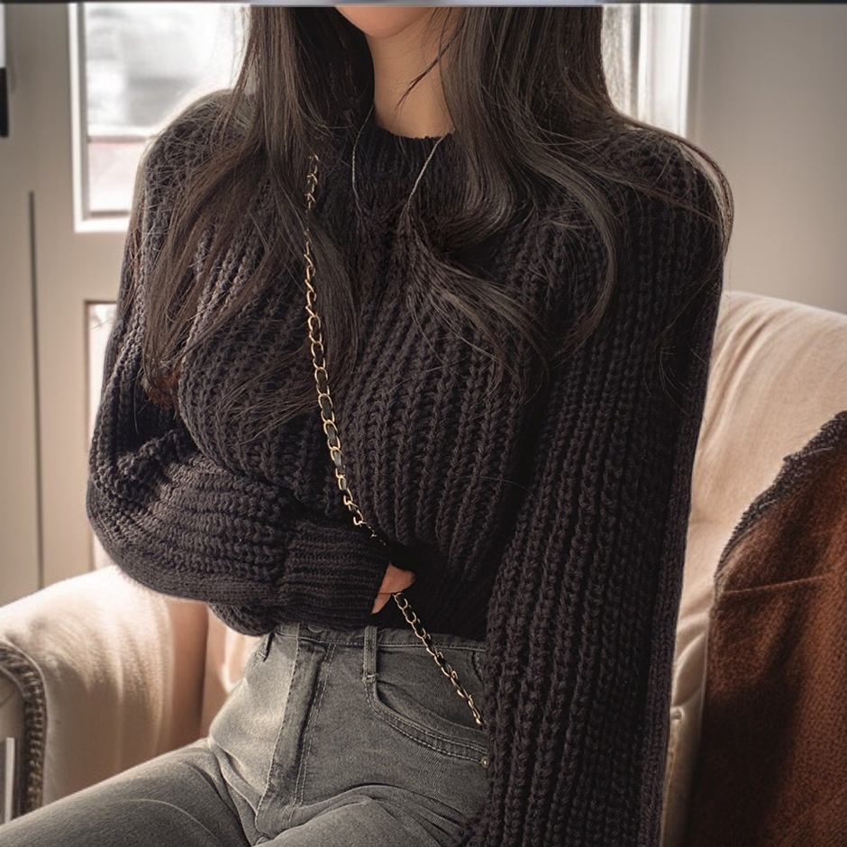 Lockerer Damen Pullover mit Puffärmeln, modischer Strickoberteil