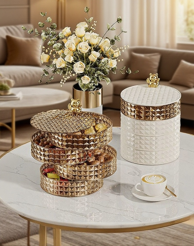 客廳多層旋轉收納果盤展示