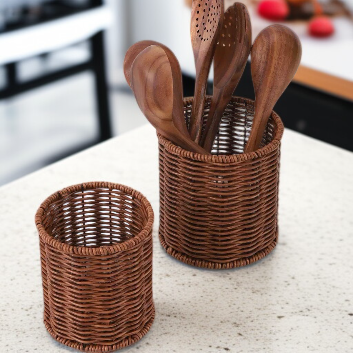 Western-Style Cutlery Organizer Basket, Faux Rattan Cutlery Drainer