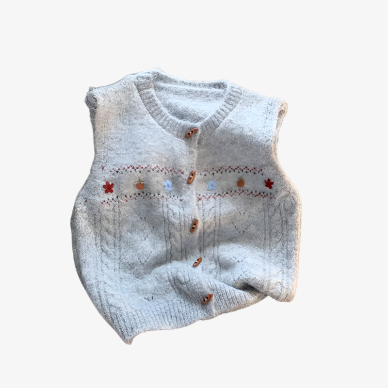 レトロなニットベスト、ハンドメイドの花柄セーター、ラウンドネック、重ね着、スイートなジャカードベスト、多用途でトレンディ。
