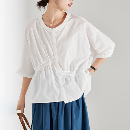 設計感不對稱褶皺寬鬆棉布娃娃衫上衣