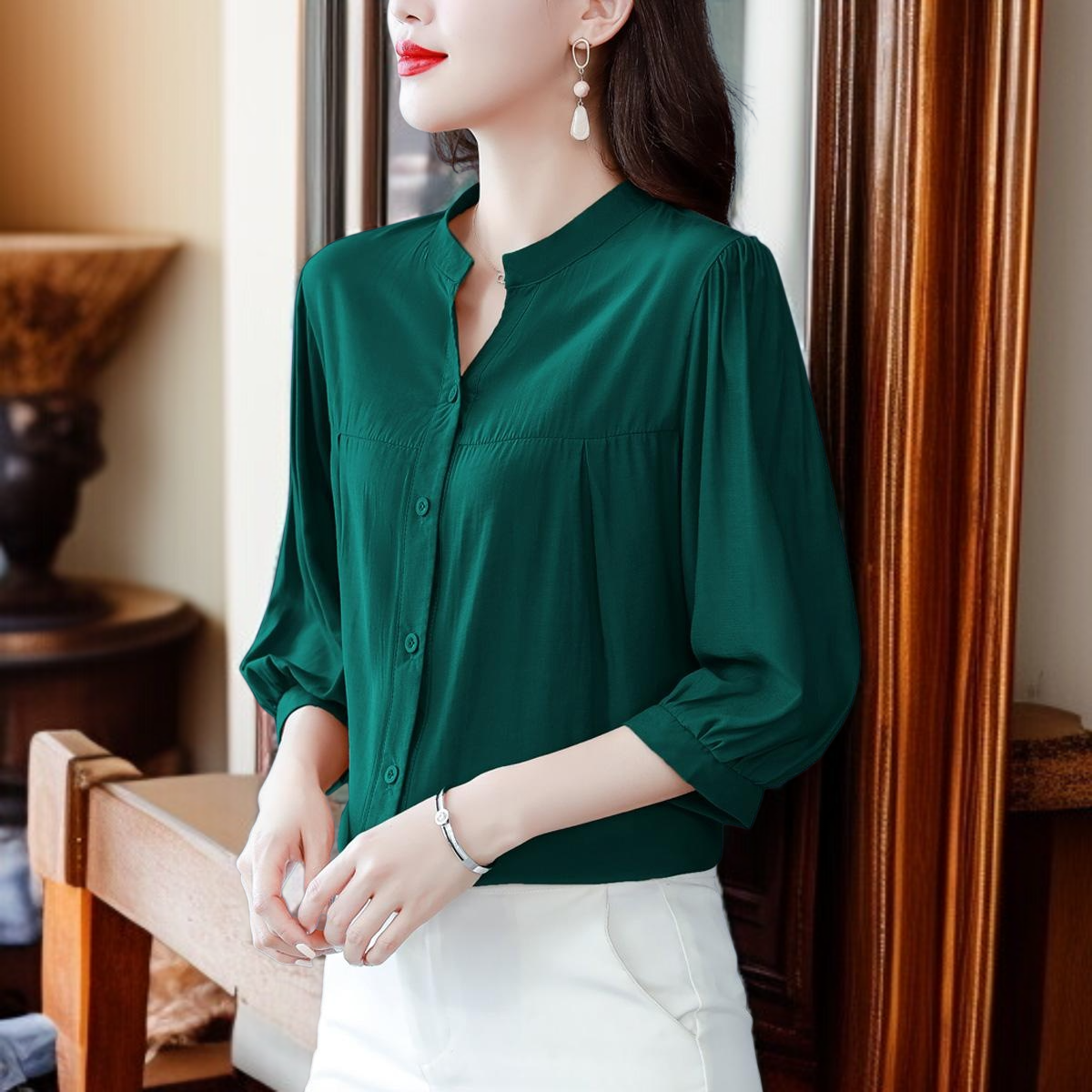 면 마 셔츠 여 린넨 상의 고급 반팔 칠부 소매 엄마 루즈핏 배 가리개 블라우스 고급스러움