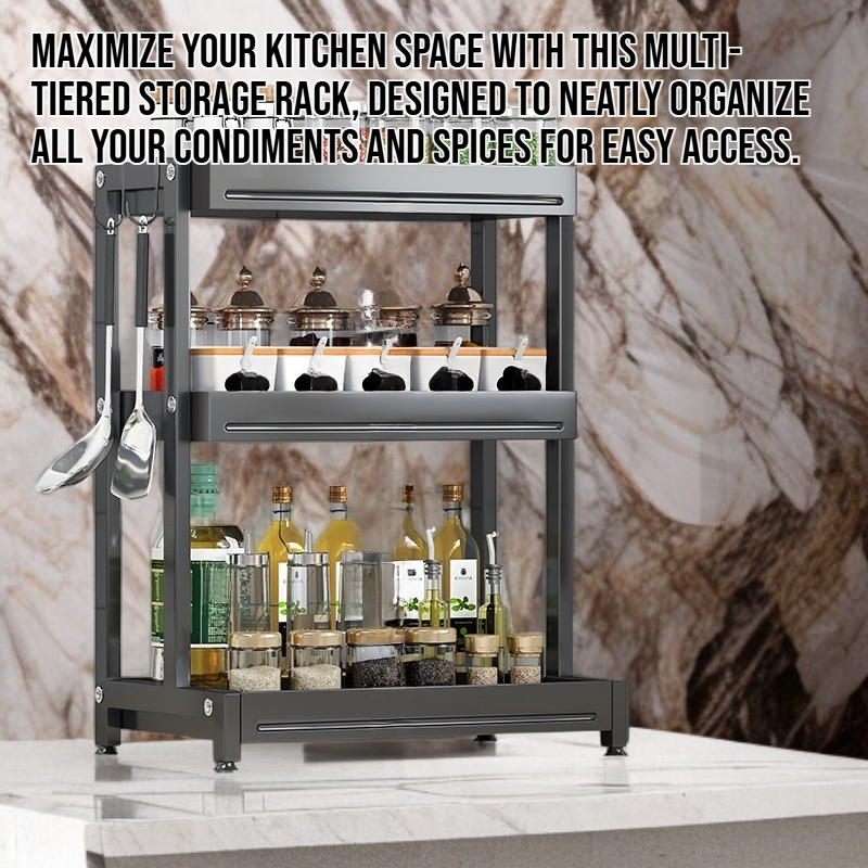 Multi-tiered storage rack for kitchen condiments