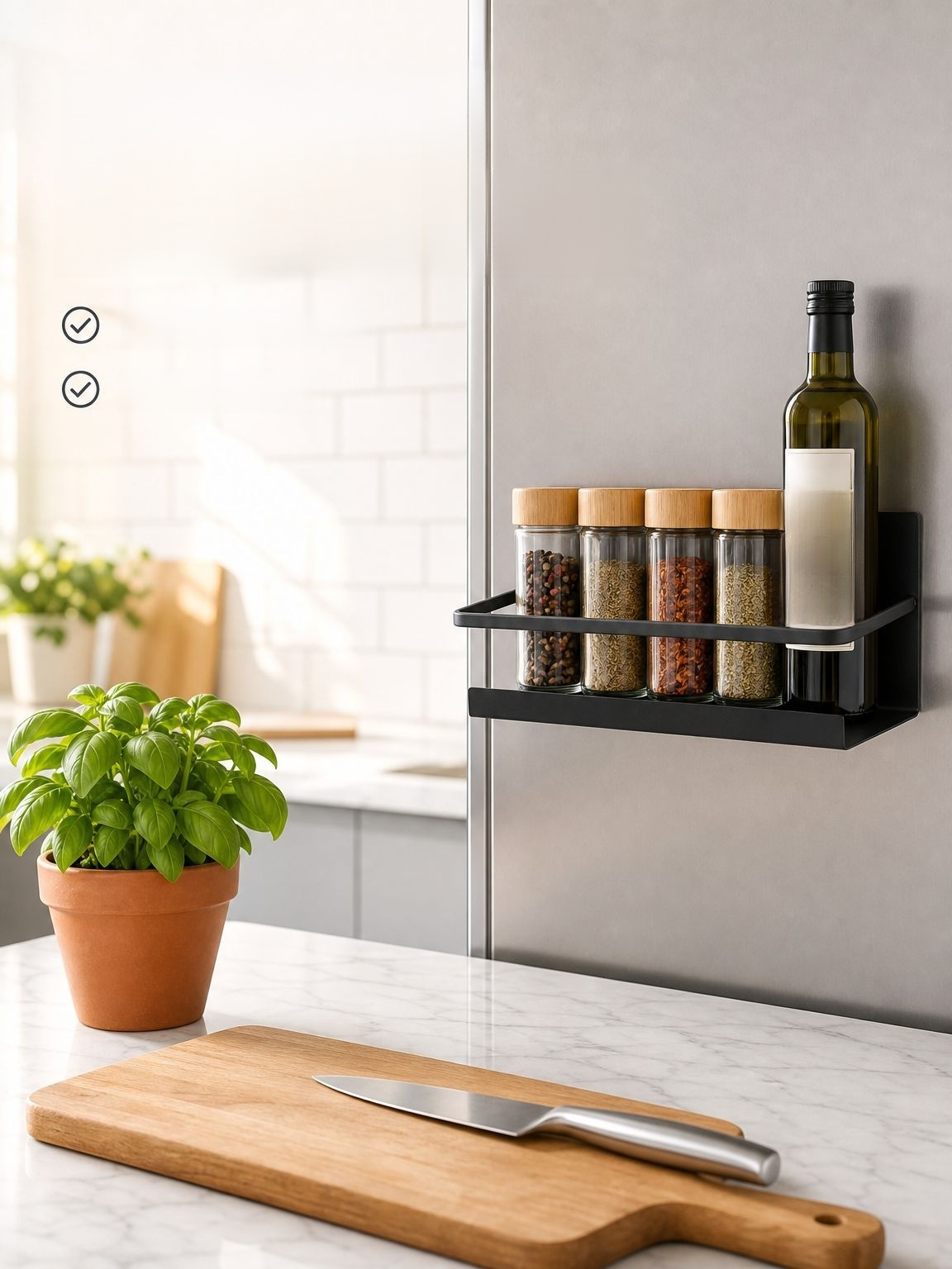 Vue d'ensemble de l'étagère latérale du réfrigérateur dans une cuisine moderne
