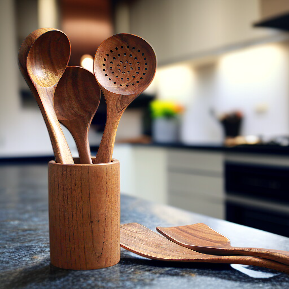 Küchenhelfer Set aus Holz – Kochlöffel, Schöpfkelle, Lochkelle, Pastalöffel, Küchenausstattung