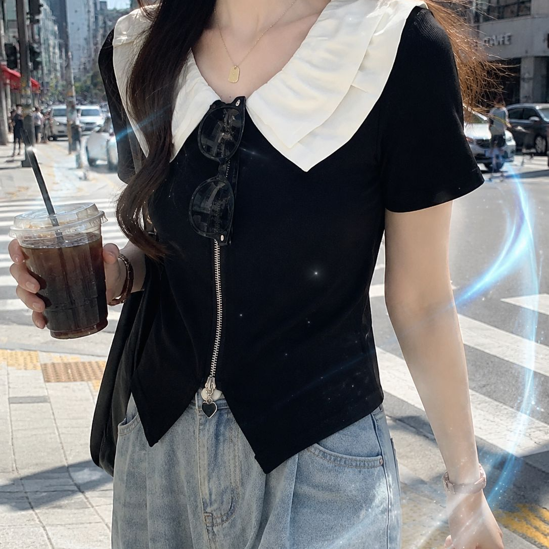 여성 여름 불규칙 반팔 슬림 티셔츠