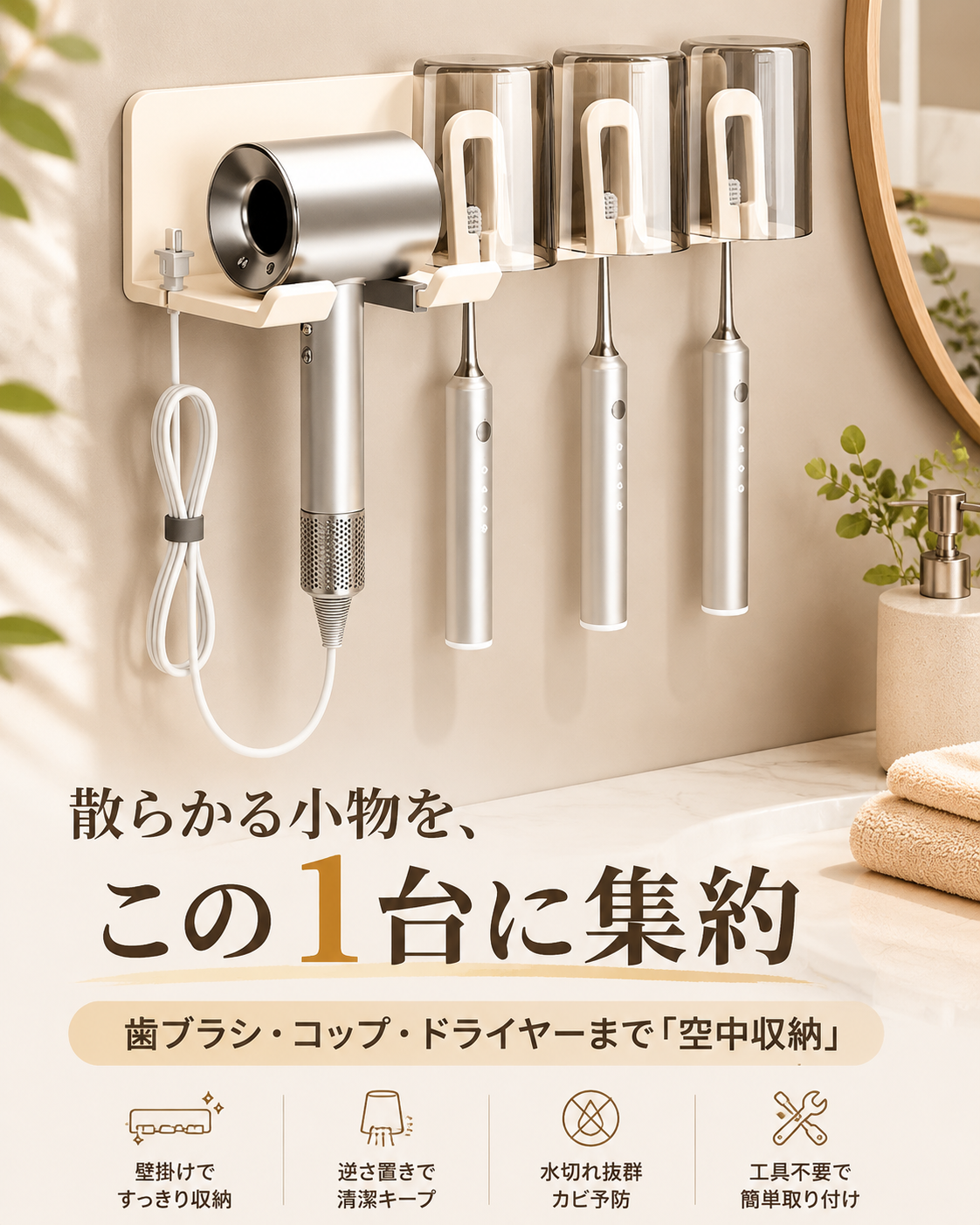 ノンホール電動ドライヤー歯ブラシホルダー コップ一体型バスルーム壁掛け収納ラック