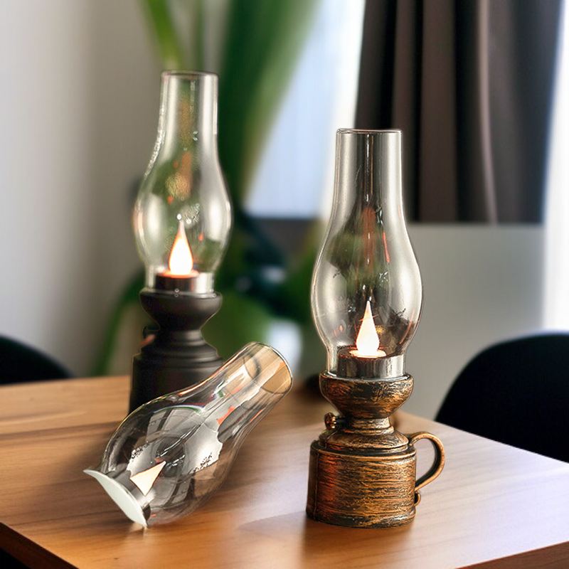 캠핑장에서 사용된 레트로 오일 램프