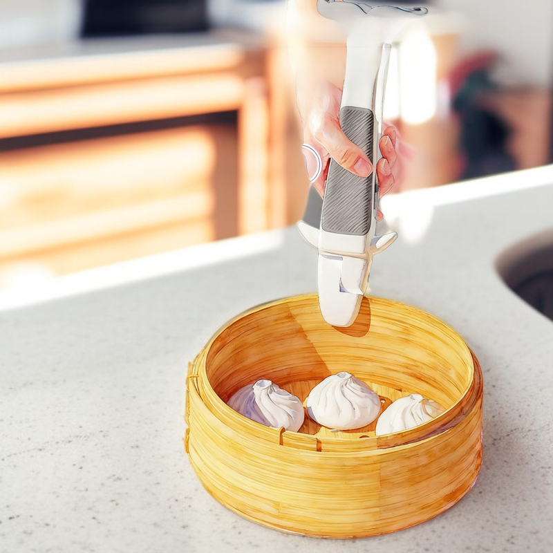 Non-slip serving tongs gripping a ceramic dish