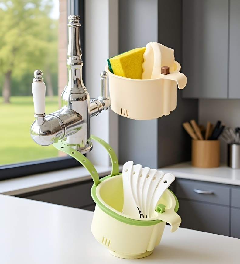 ตะกร้าใส่ฟองน้ำและอุปกรณ์ล้างจาน