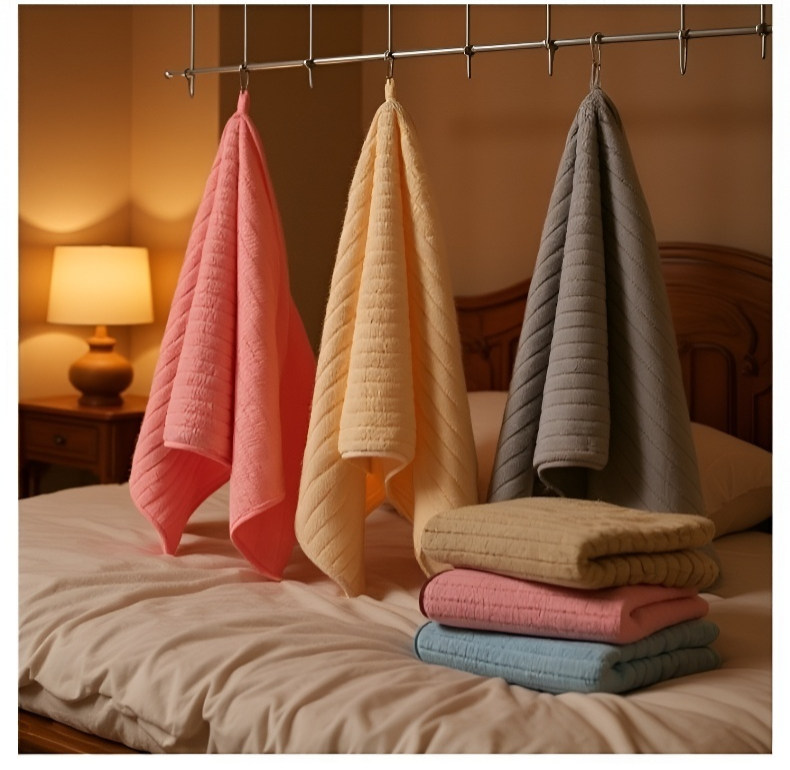 슬림 디자인의 코랄 컬러 타월 펼친 모습