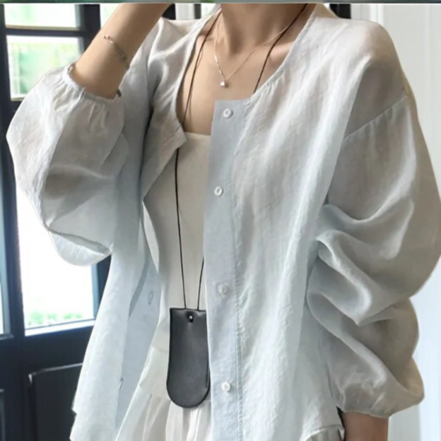 긴팔 벌룬소매 선블라우스 부드러운 카디건 블라우스 시스루 여름 얇은 텐셀 라운드 블라우스