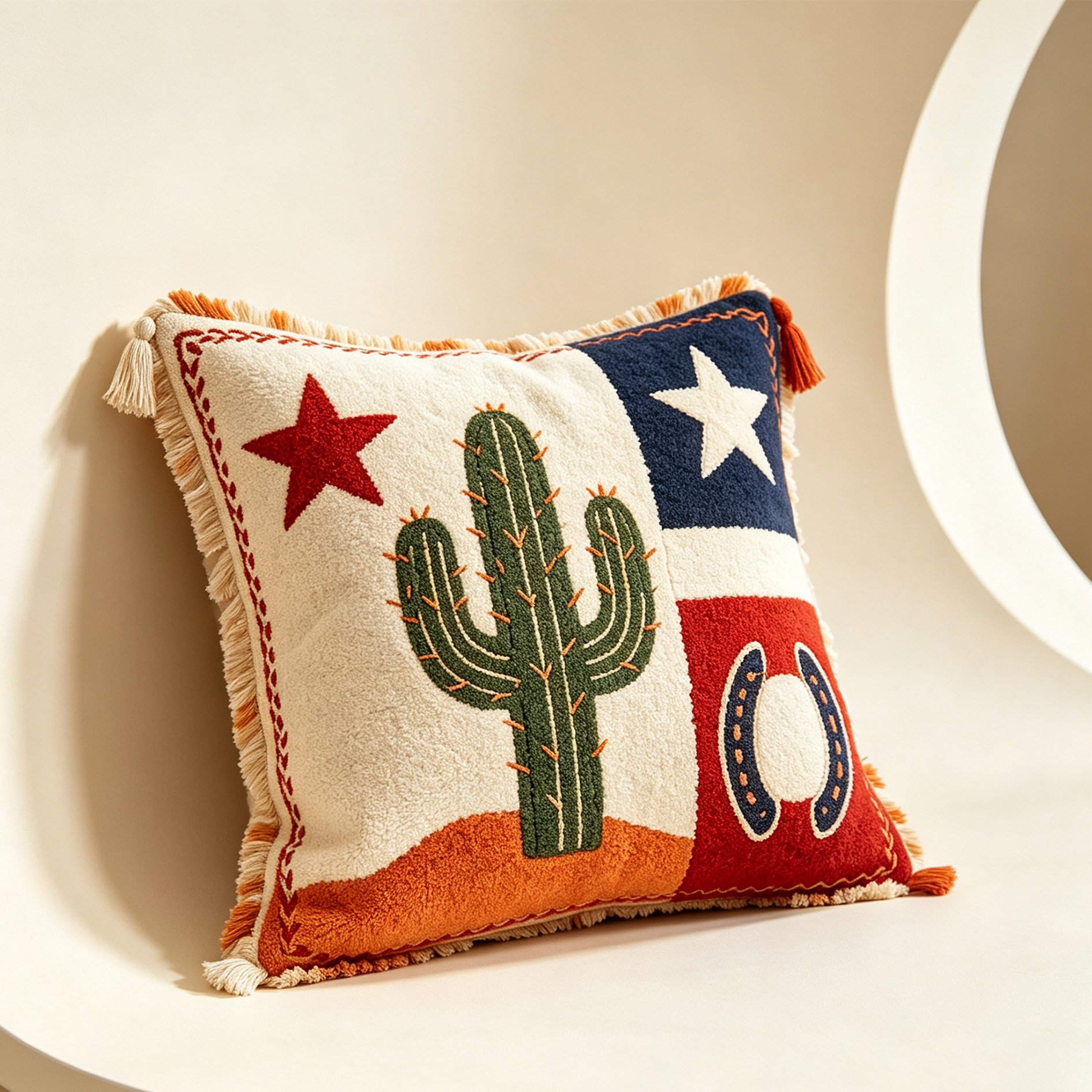 Western Cactus Horseshoe Embroidered Pillow