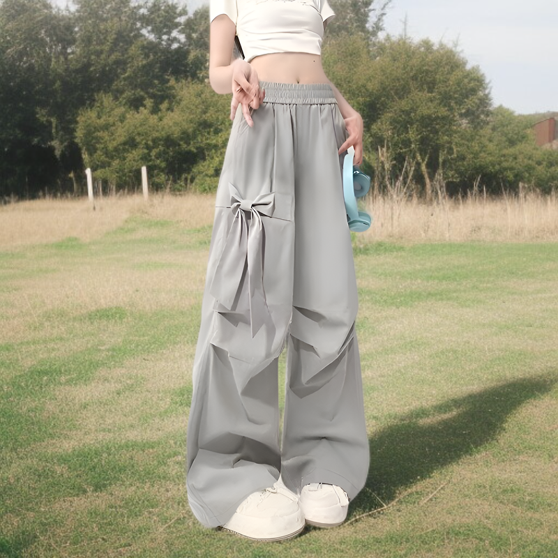 春夏リボン付きワークワイドパンツ ゴム入りハイウエスト 細見せゆったり 3XL大きめサイズ