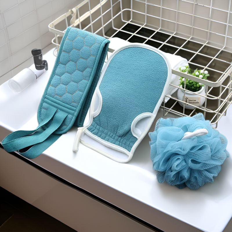 ชุดผ้าขนหนูสามชิ้น ใยขัดตัวฟองน้ำ ถุงมืออาบน้ำ แถบขัดหลังยาว