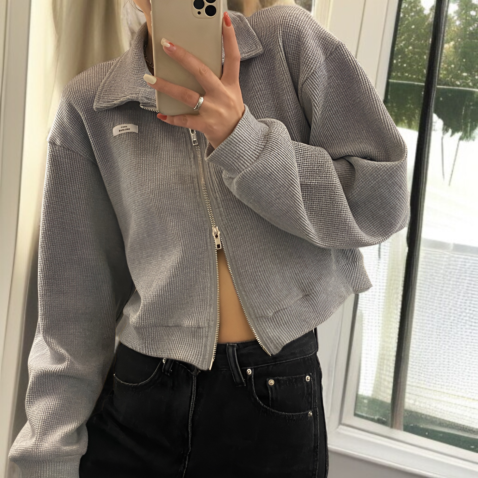 女性用ジッパー付きスポーツワッフルジャケット、春と秋のスタイル、万能カーディガン、学生向けの新しいスタイル、ショートトップス