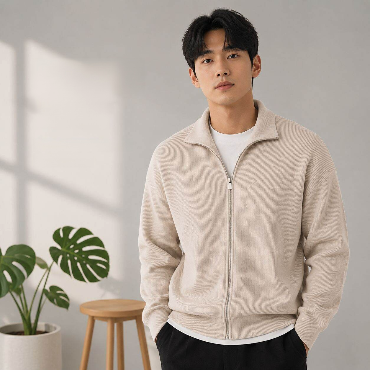 남성용 슬림핏 칼라 니트 스웨터 가디건