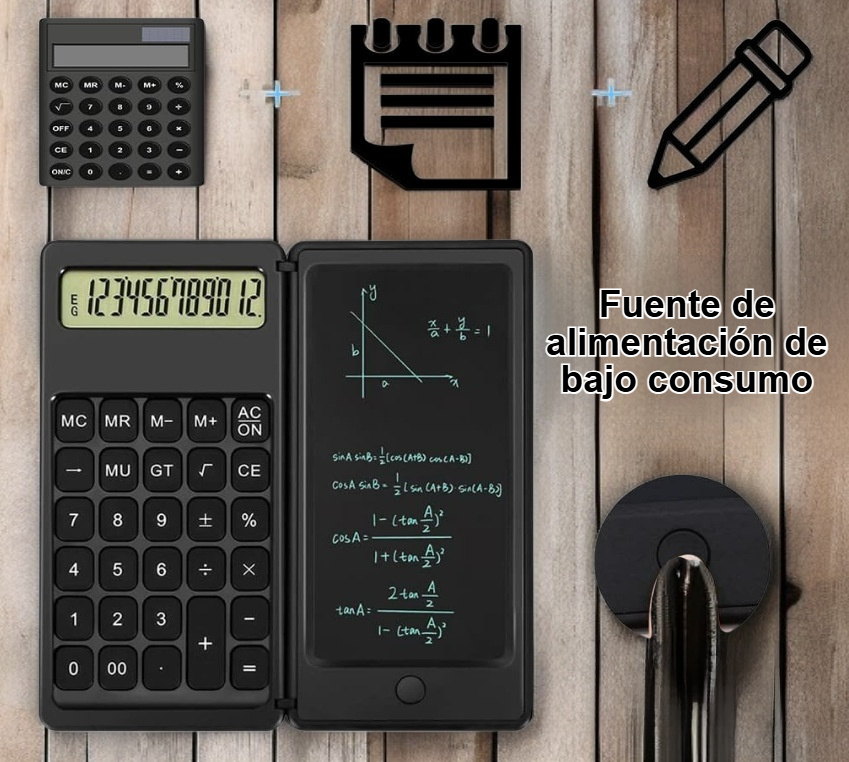 Vista frontal de calculadora multifunción con pantalla LCD