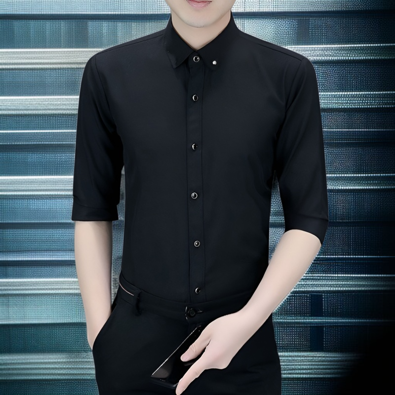 비즈니스 펌 없이 슬림 남성 셔츠 긴팔 가벼운 자수 셔츠 스판 캐주얼 셔츠