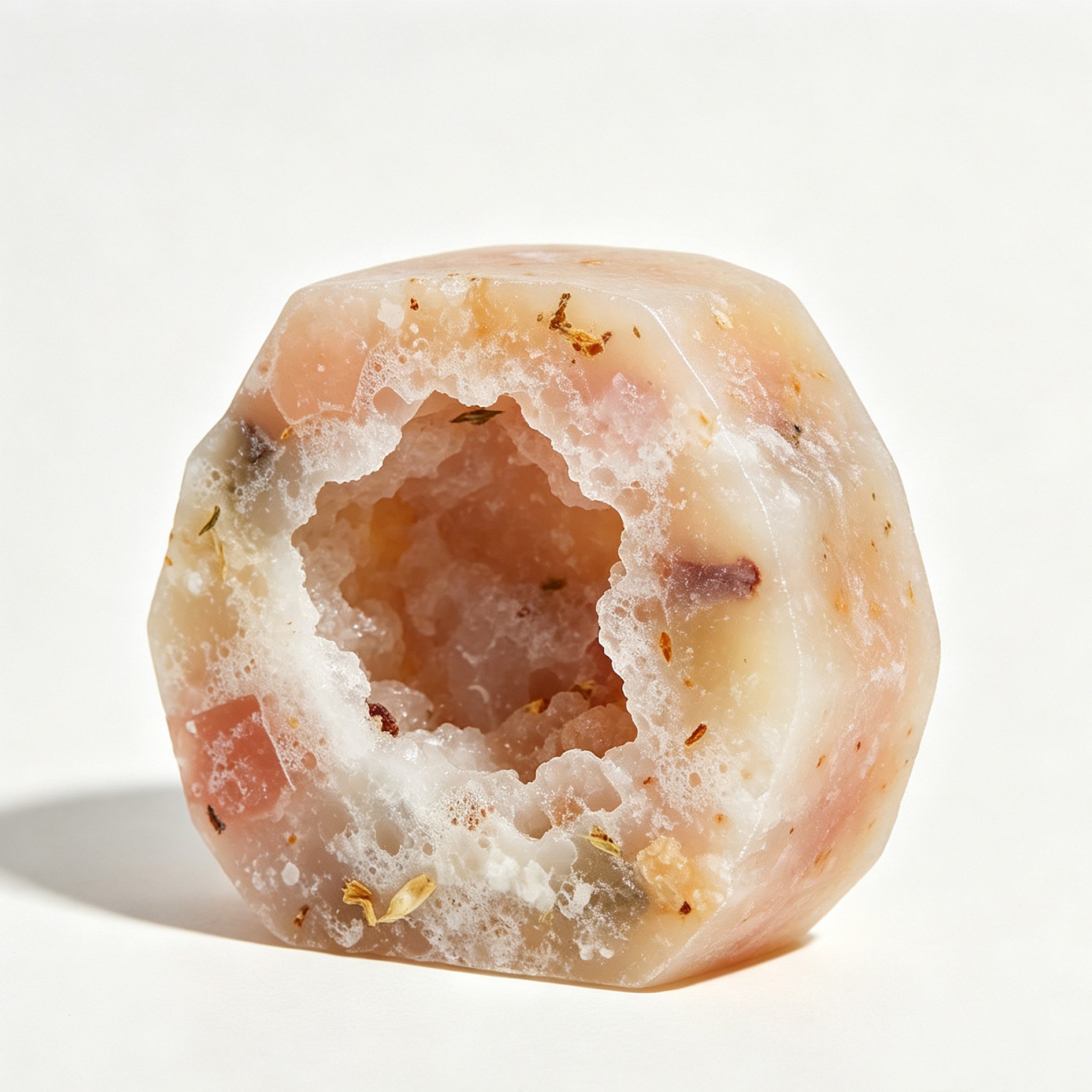 Handcrafted luxury soap bar shaped like a rose quartz geode