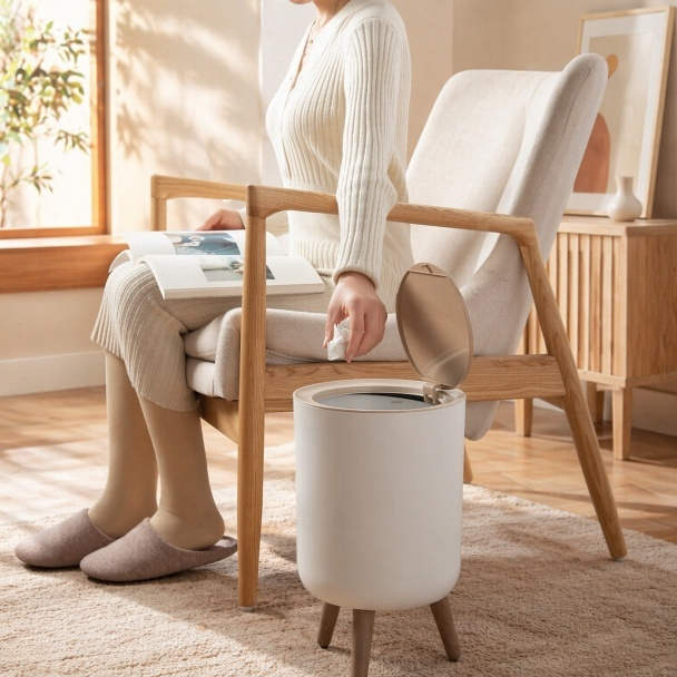 Tall Wooden Style No-Bend Trash Can