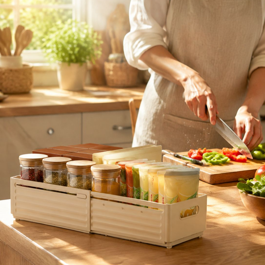 Cabinet storage box, drawer-style extendable desktop snack and sundry kitchen organizer, deep cabine