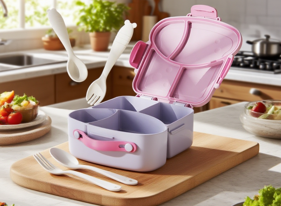 Plastikbox mit Gabellöffel Aufteilung für praktische Mahlzeiten