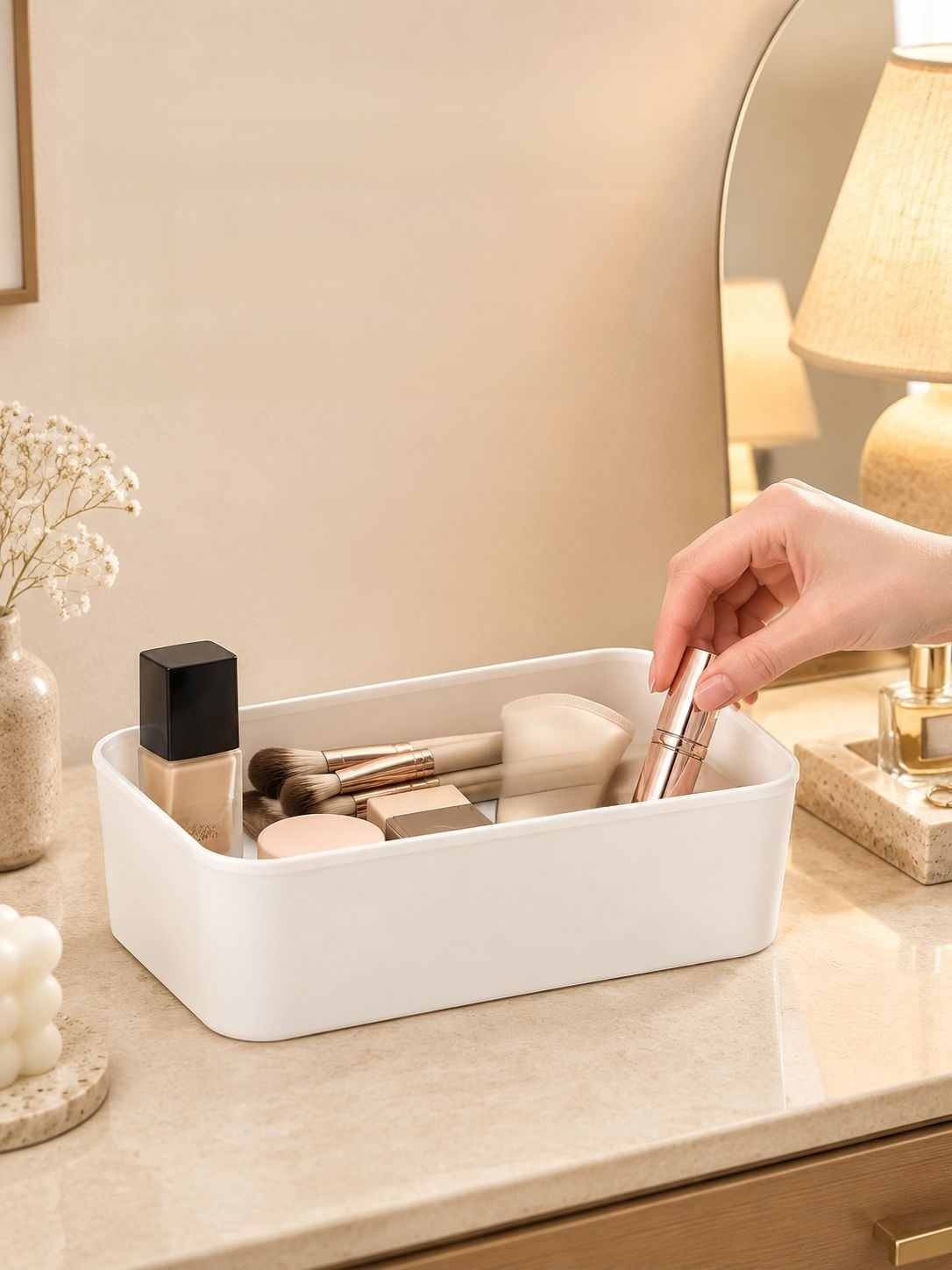Desktop storage basket for organizing snacks and small household essentials