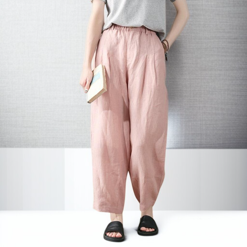 レディース シワ加工コットンリネン カジュアル ワイドレッグパンツ