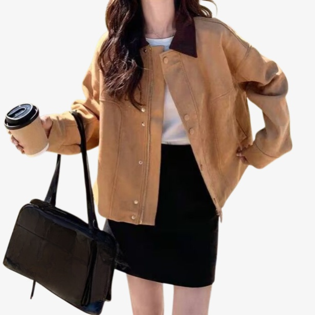 Women's Autumn Candy Color Suede Short Vintage Button Collar Jacket