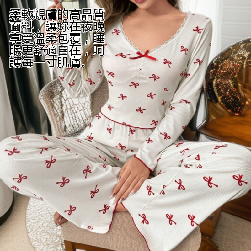 女士印花長袖長褲睡衣套裝