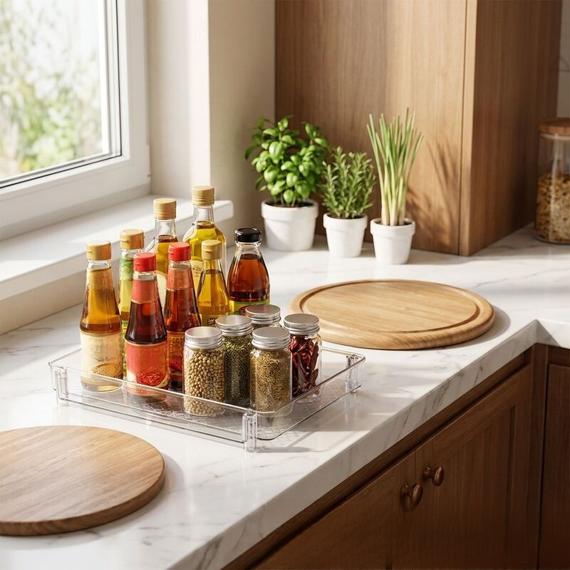 กล่องจัดเก็บหมุนได้ในตู้เย็นครัว แบบใส พร้อมที่ดูดติด