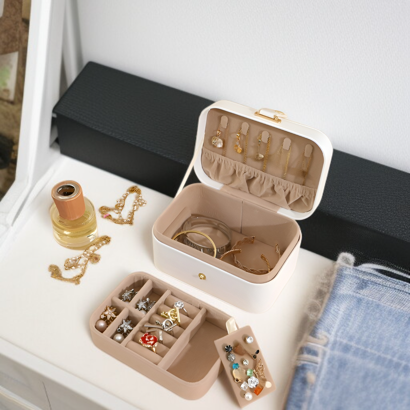 Button Flip 2-lagige Reise-Schmuckschatulle für Halskette, Ohrring, Ring