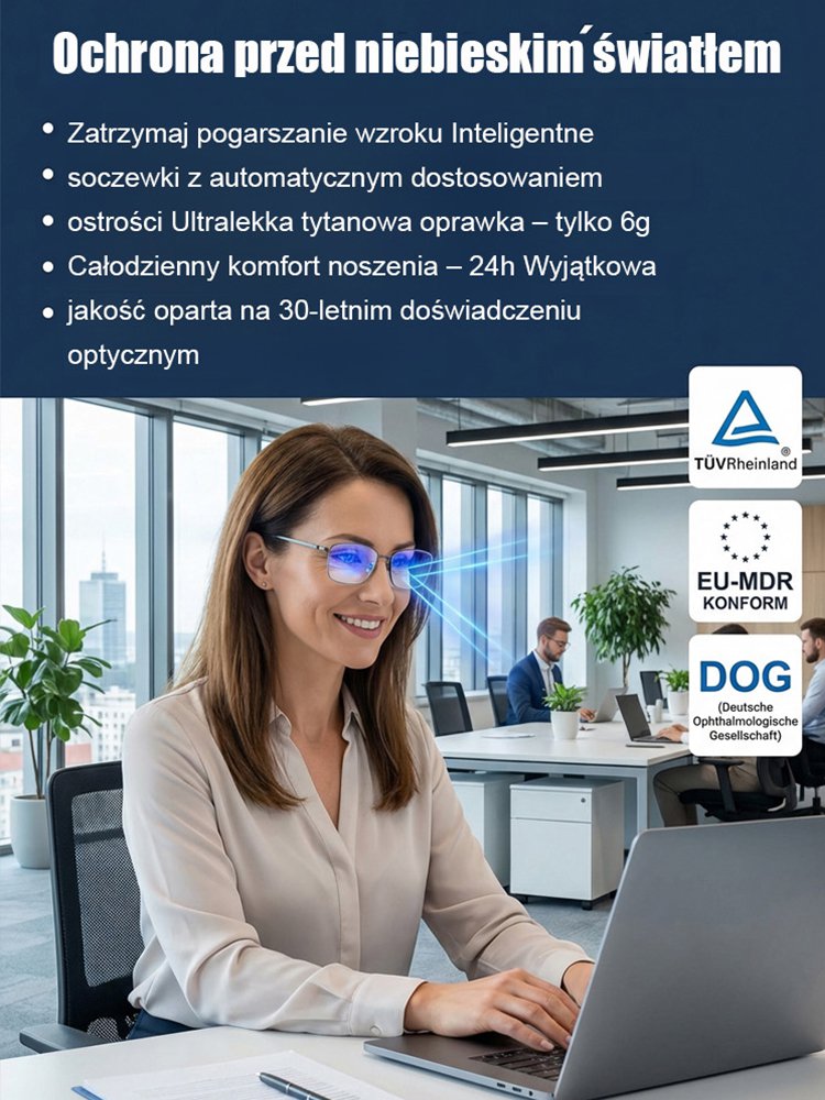 Automatyczne okulary do czytania z funkcją zoomu i filtrem światła niebieskiego