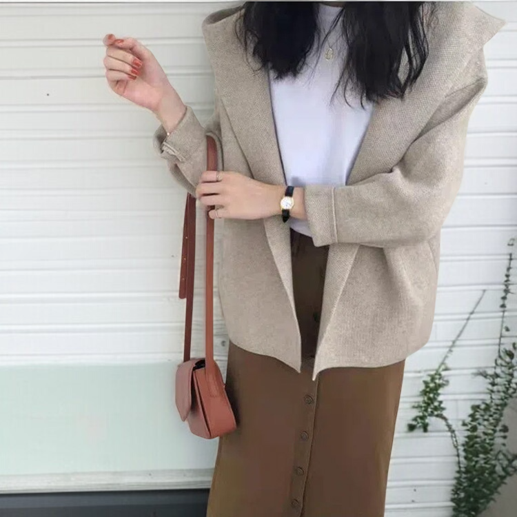 여성 숏 니트 후드 도톰 코트 캐주얼 모직 쁘띠 솔리드 루즈핏 니트 코트