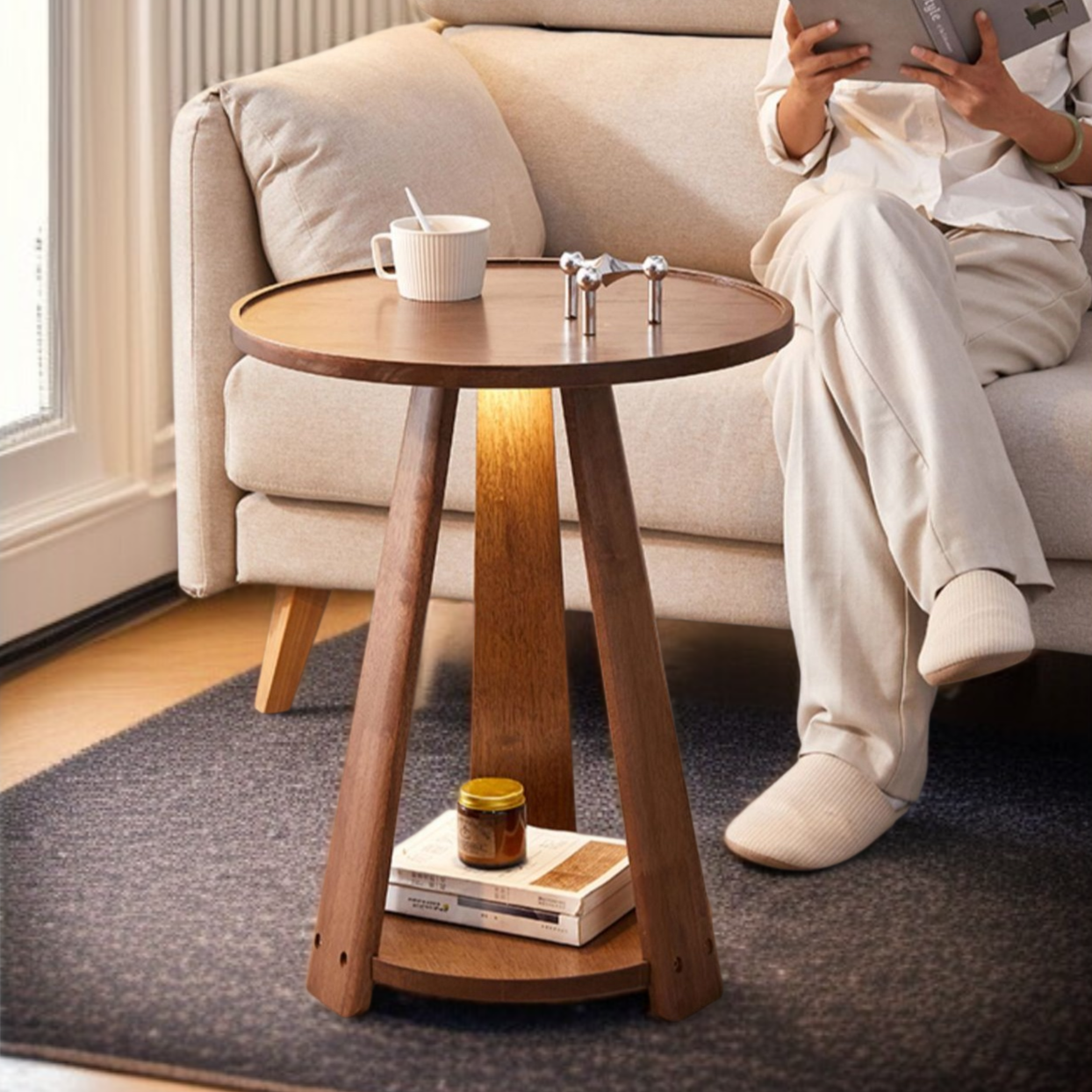 Nordic simple sofa side table home living room double layer small round table solid wood coffee tabl