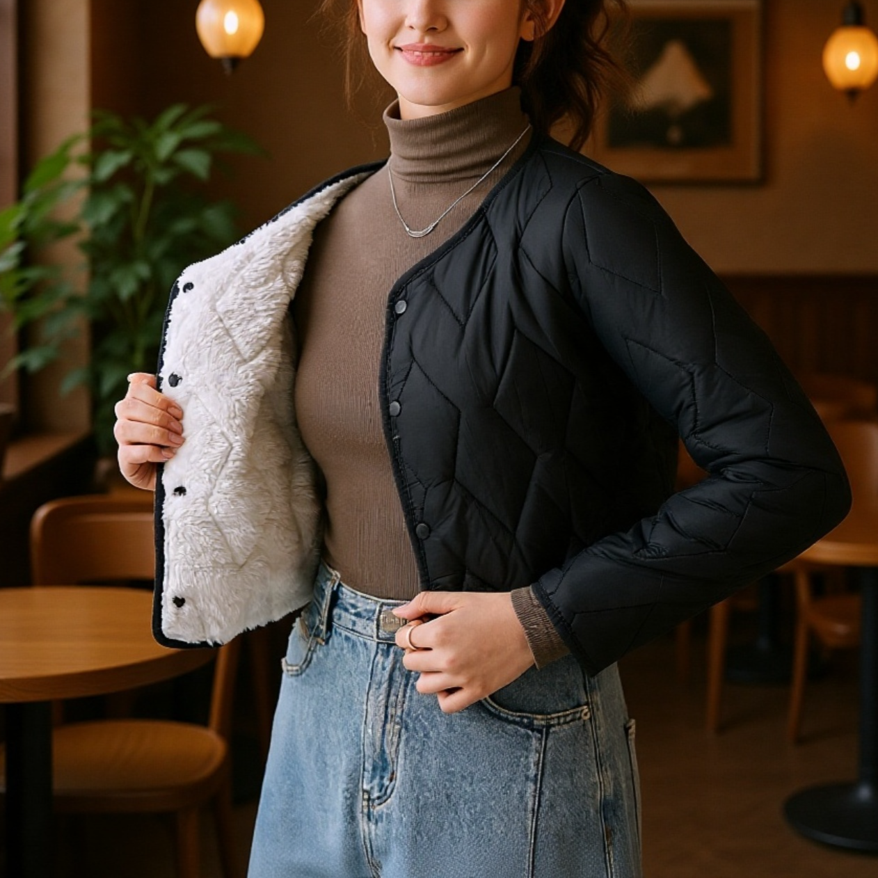 レディース冬用綿詰めコート、おしゃれな綿トップ、フリース裏地付きショート丈綿詰めジャケット、暖かい裏地。