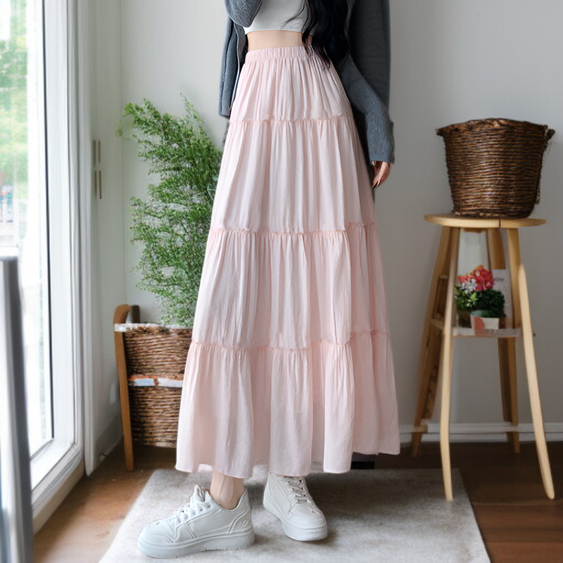 키 작은 여생 춘추 반신 스커트 여 화이트 케이크 롱 스커트 A라인 스커트 드롭 플리츠 반신 스커트