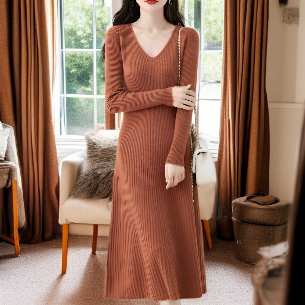 【Brelia-jp】2025年秋冬 Vネックニットワンピース レディース エレガントで着痩せ効果抜群 無地ロングワンピース コートとの重ね着にも