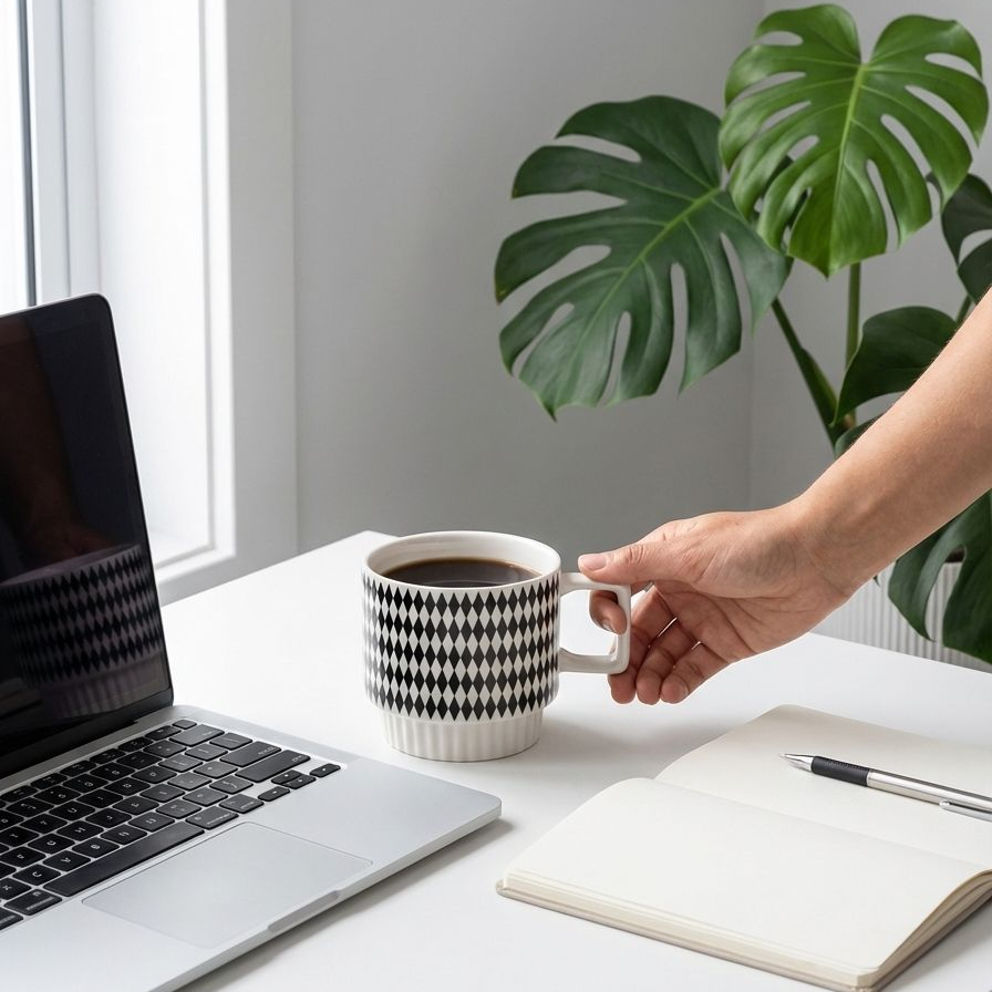 モダンな白黒コーヒーカップとコーヒー豆