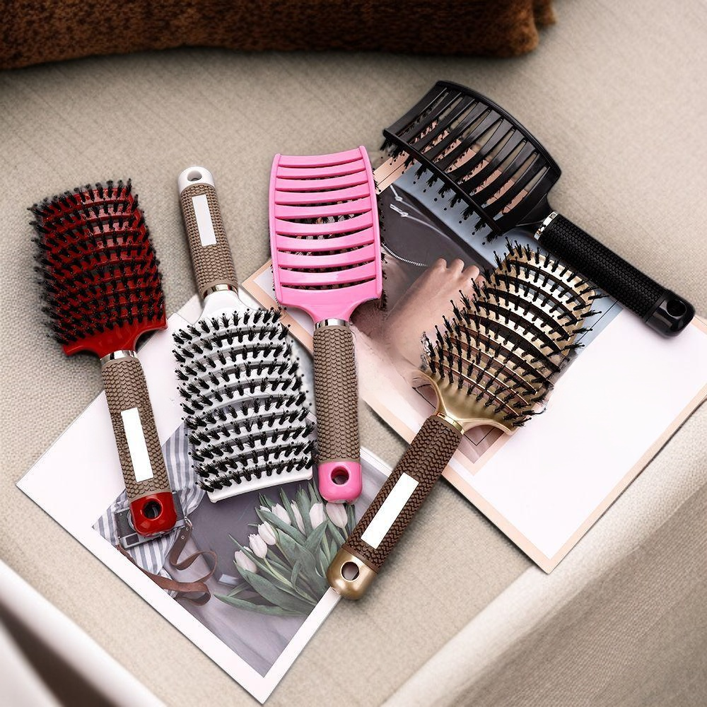 Lockenstyling-Bürste aus Wildschweinborsten, ergonomische Kopfmassagebürste, 9-reihiger Volumenkamm