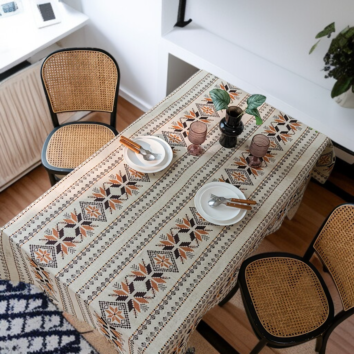 두꺼운 유화 스타일 식탁보, 커피 컬러 기하학 폴리에스테르 테이블 커버