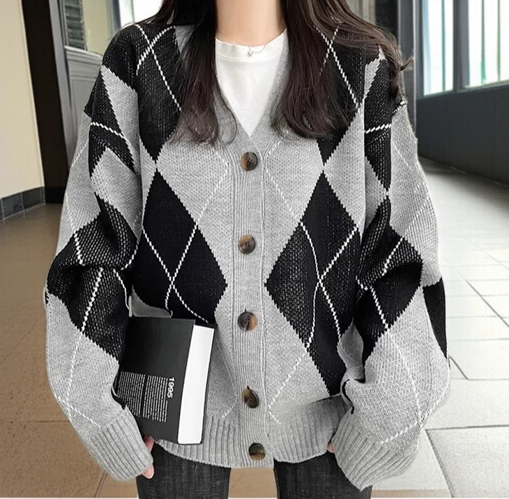 여성 아가일 당색 니트 카디건 아웃도어 학원풍 루즈핏 울 카디건 나른한 스웨터 카디건