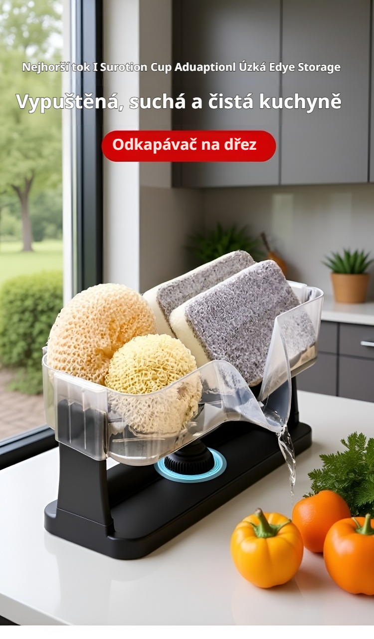 Přísavný odkapávač na nádobí instalovaný na kuchyňském dřezu