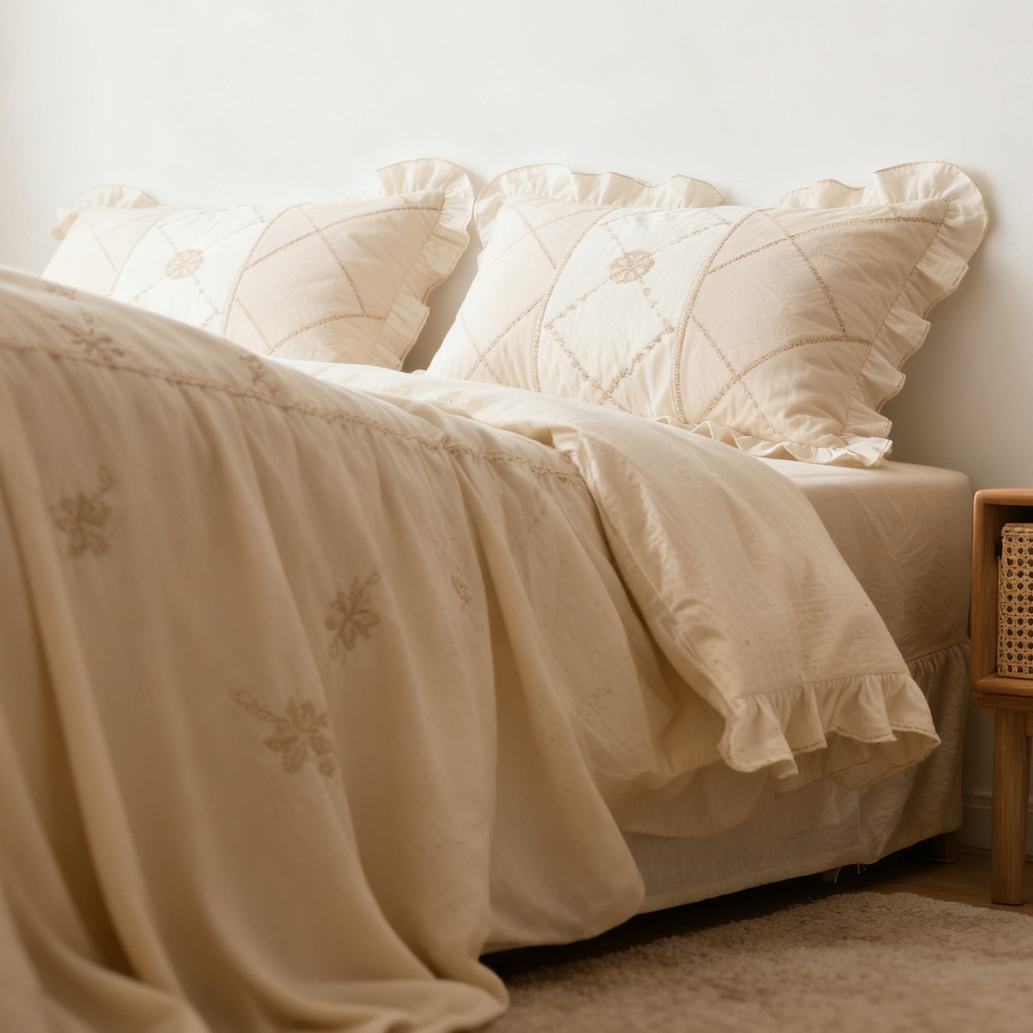 รายละเอียดผ้าฝ้ายและลูกไม้ของชุดผ้าปูที่นอน